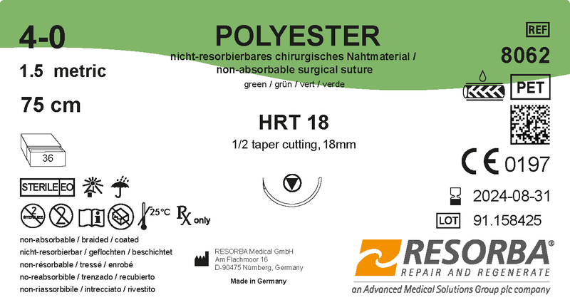 Поліестер USP3-0 зелений, 75см, колюча голка з ріжучими вістрям 18мм, 1/2 кола